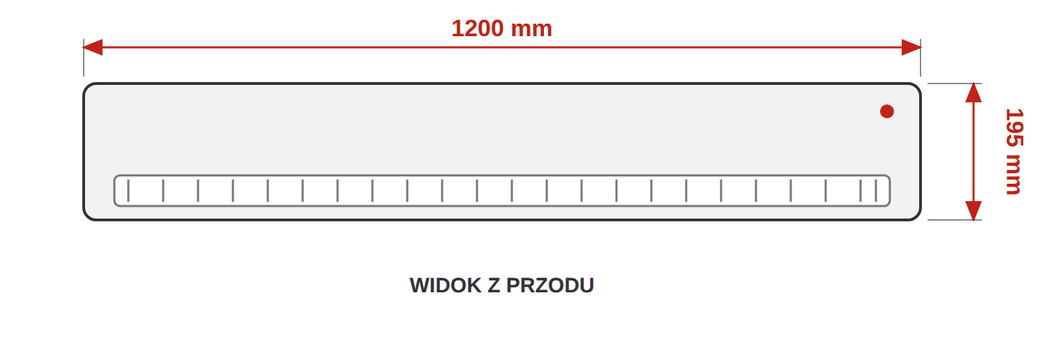 Kurtyna powietrzna FERONO FK120E - wymiary, widok z przodu: szerokość 1200 mm, wysokość 195 mm