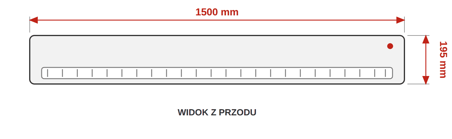 Kurtyna powietrzna FERONO FK150E3 - wymiary, widok z przodu: szerokość 1500 mm, wysokość 195 mm