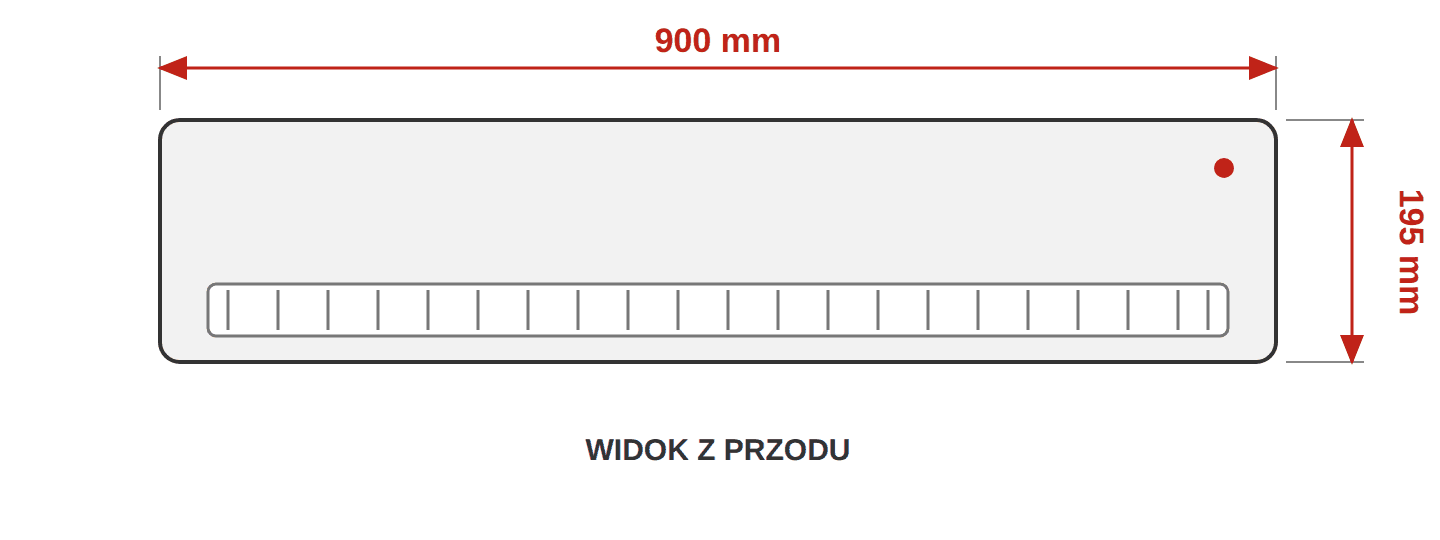 Kurtyna powietrzna FERONO FK90E - wymiary, widok z przodu: szerokość 900 mm, wysokość 195 mm