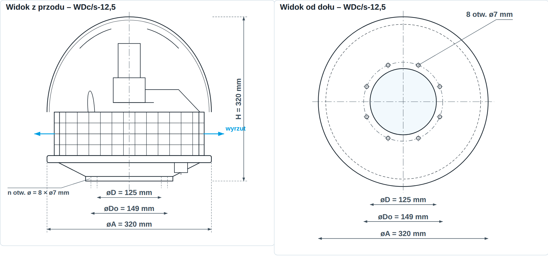 Rysunek wymiarowy wentylatora dachowego WDc/s-12,5 &ndash; widok z przodu i od dołu, &oslash;A 320 mm, &oslash;D 125 mm, H 320 mm