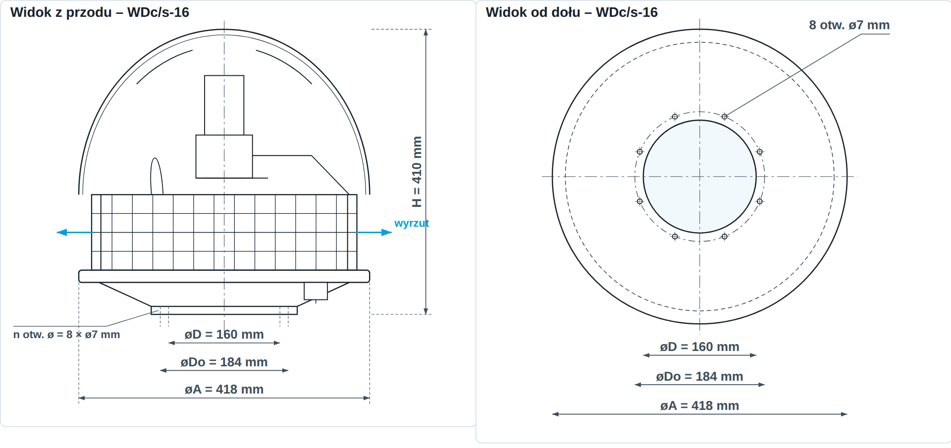 Rysunek wymiarowy wentylatora dachowego WDc/s-16 &ndash; widok z przodu i od dołu, &oslash;A 418 mm, &oslash;D 160 mm, H 410 mm