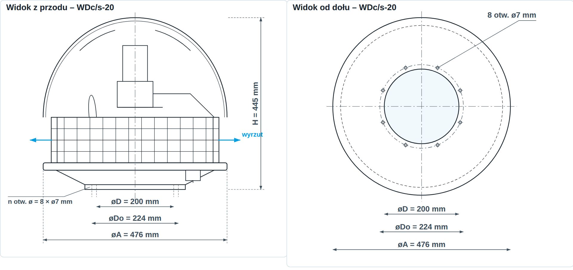 Rysunek wymiarowy wentylatora dachowego WDc/s-20 &ndash; widok z przodu i od dołu, &oslash;A 476 mm, &oslash;D 200 mm, H 445 mm