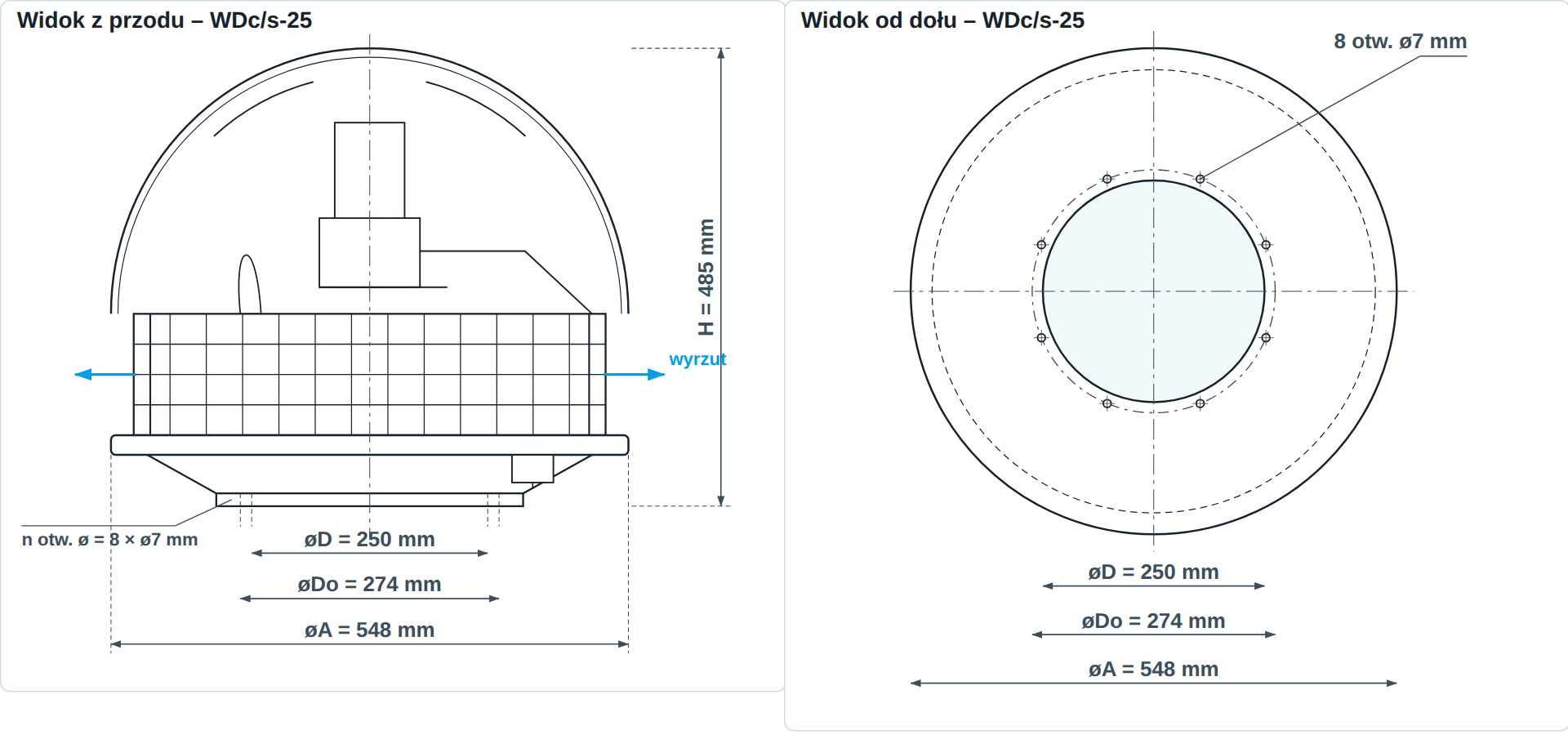 Rysunek wymiarowy wentylatora dachowego WDc/s-25 &ndash; widok z przodu i od dołu, &oslash;A 548 mm, &oslash;D 250 mm, H 485 mm