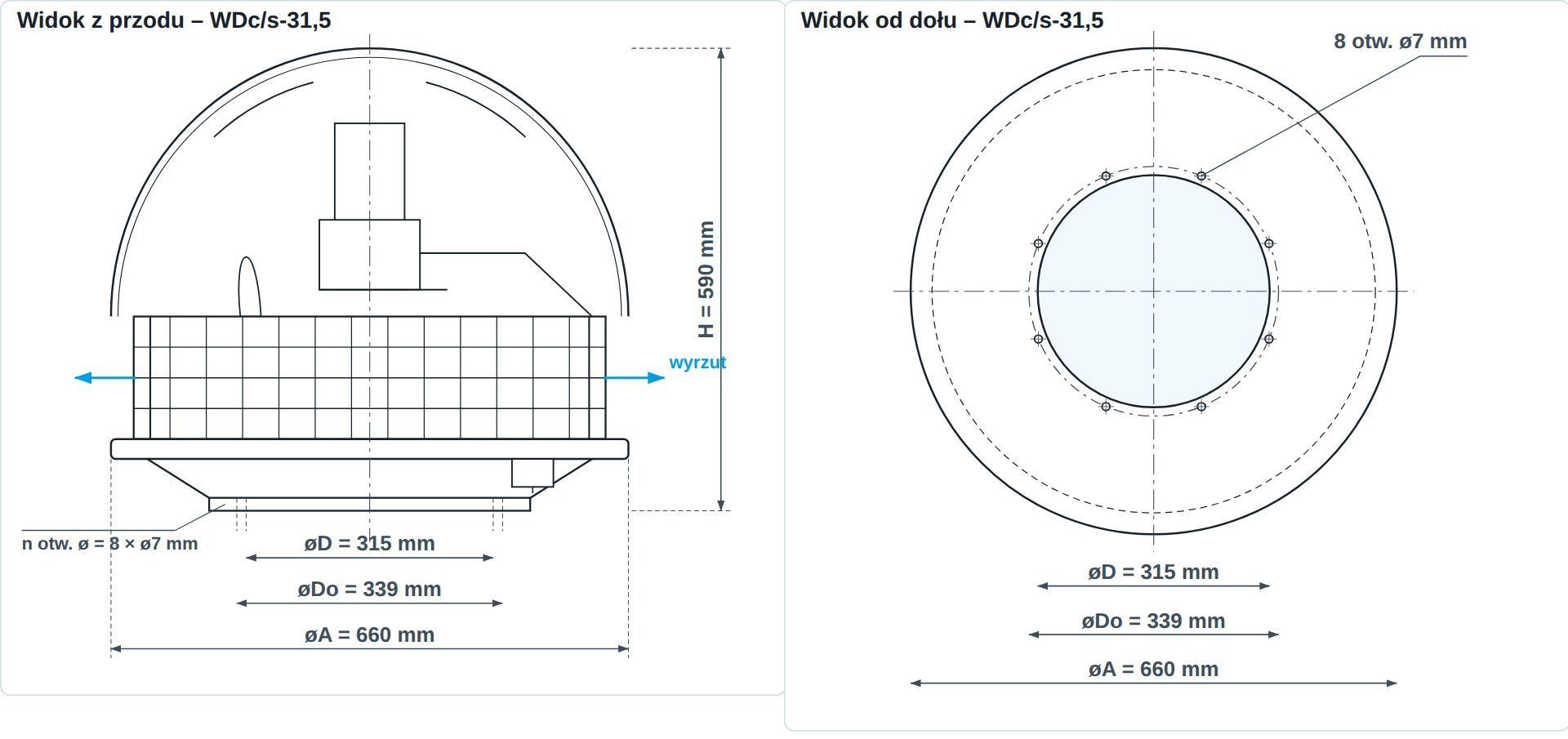 Rysunek wymiarowy wentylatora dachowego WDc/s-31,5 &ndash; widok z przodu i od dołu, &oslash;A 660 mm, &oslash;D 315 mm, H 590 mm