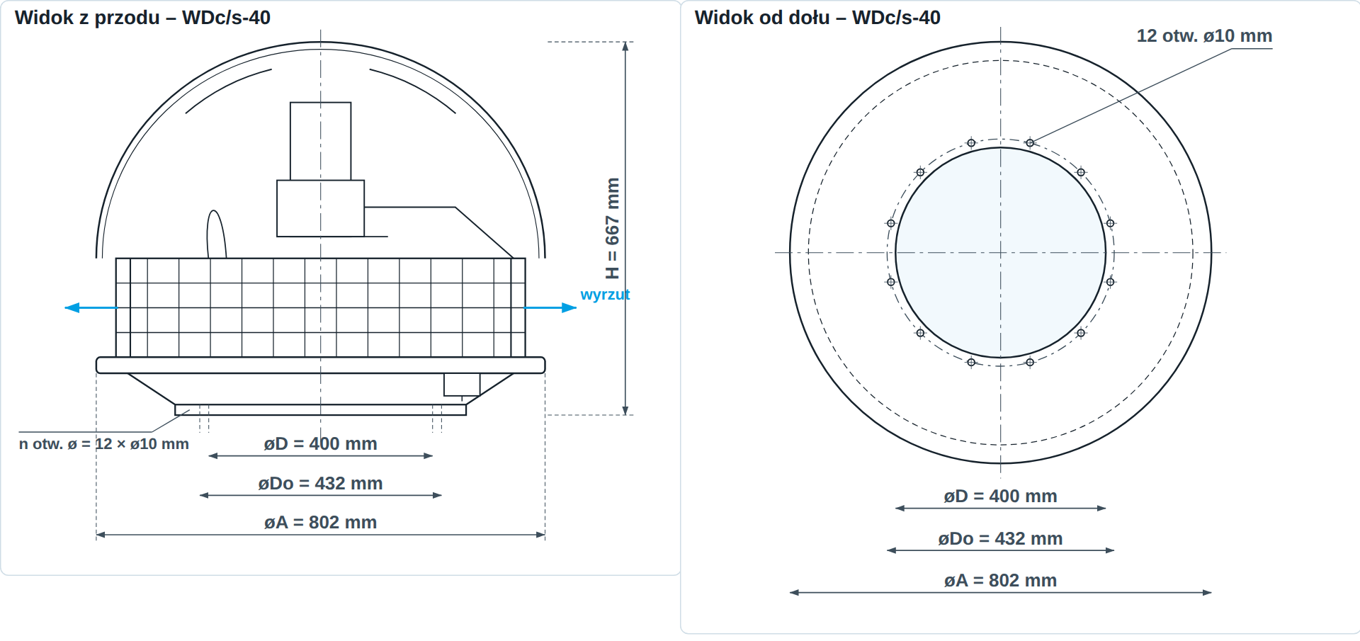 Rysunek wymiarowy wentylatora dachowego WDc/s-40 &ndash; widok z przodu i od dołu, &oslash;A 802 mm, &oslash;D 400 mm, H 667 mm