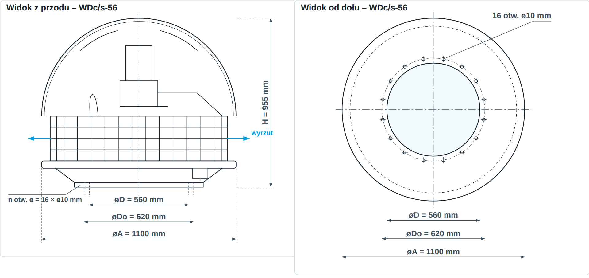 Rysunek wymiarowy wentylatora dachowego WDc/s-56 &ndash; widok z przodu i od dołu, &oslash;A 1100 mm, &oslash;D 560 mm, H 955 mm